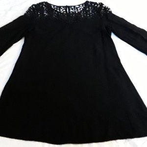 Black Rayon Peasant Style Blouse with Lace neckline. Size M